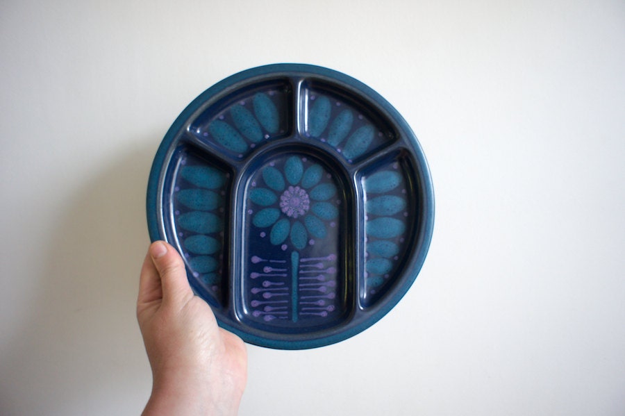 Vintage Decorative Plate // 1970 // hand painted Retro design // Teal Navy Blue Purple // Floral Flowers // Summer colors Serving