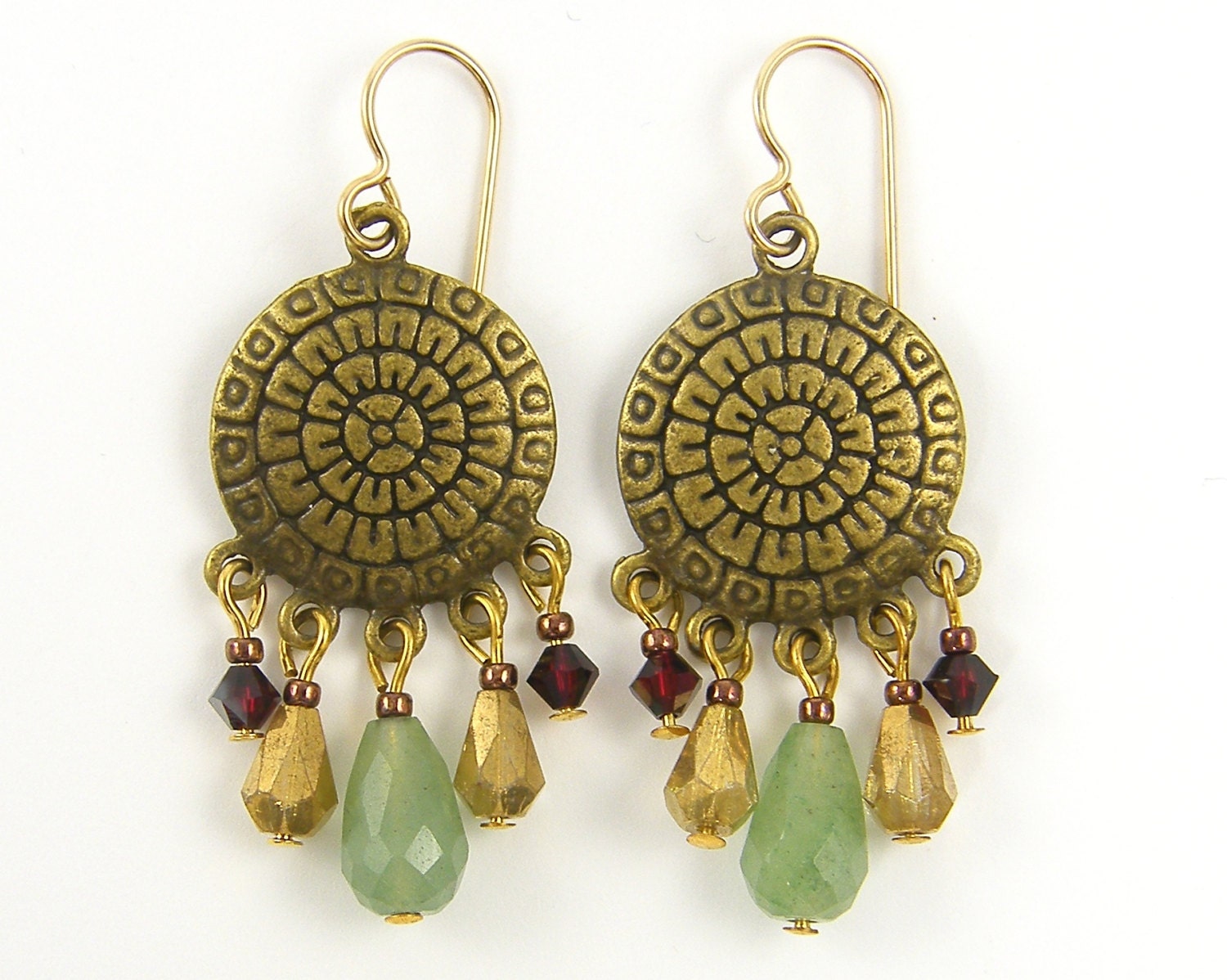 Boho Dangle Earrings Brass Green Gold Burgundy Jewelry