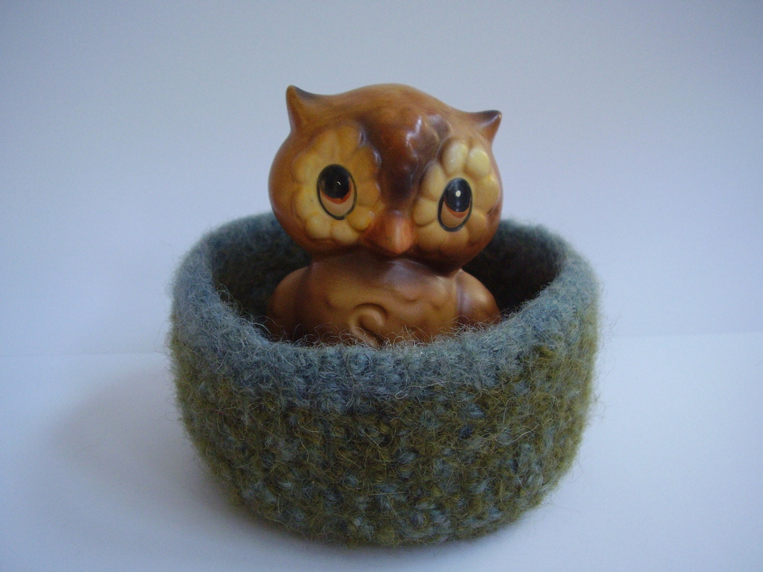 felted wool bowl treasure dish olive green and blue container