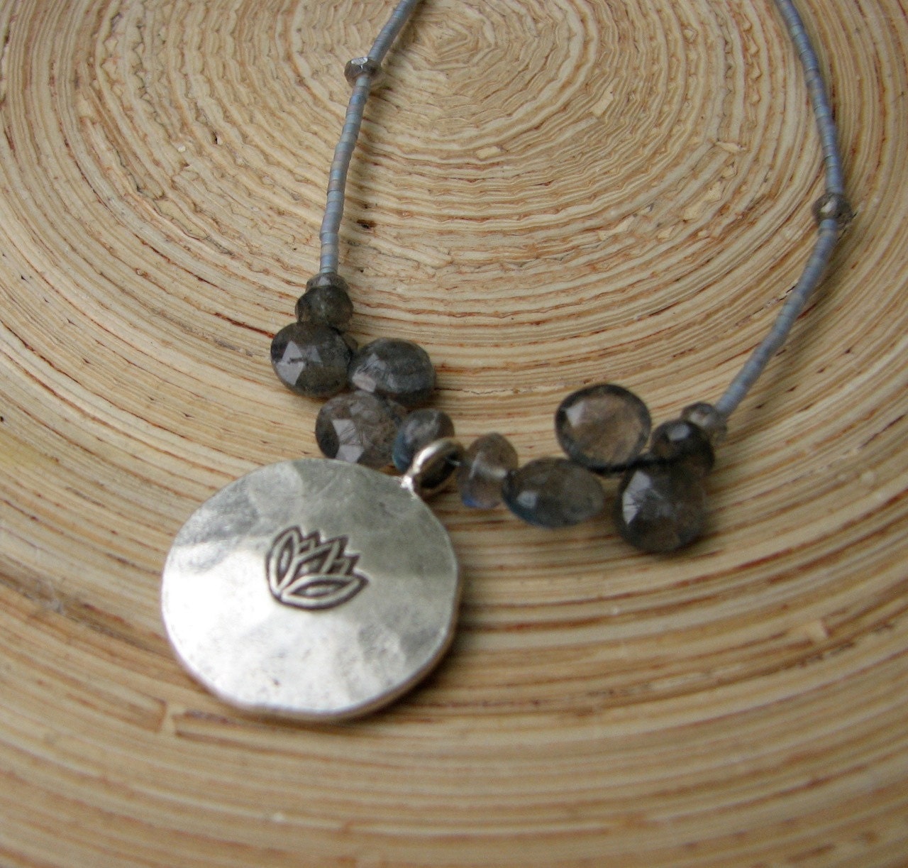 Lotus necklace with silver lotus pendant & labradorite briolettes  // zen jewelry 18"