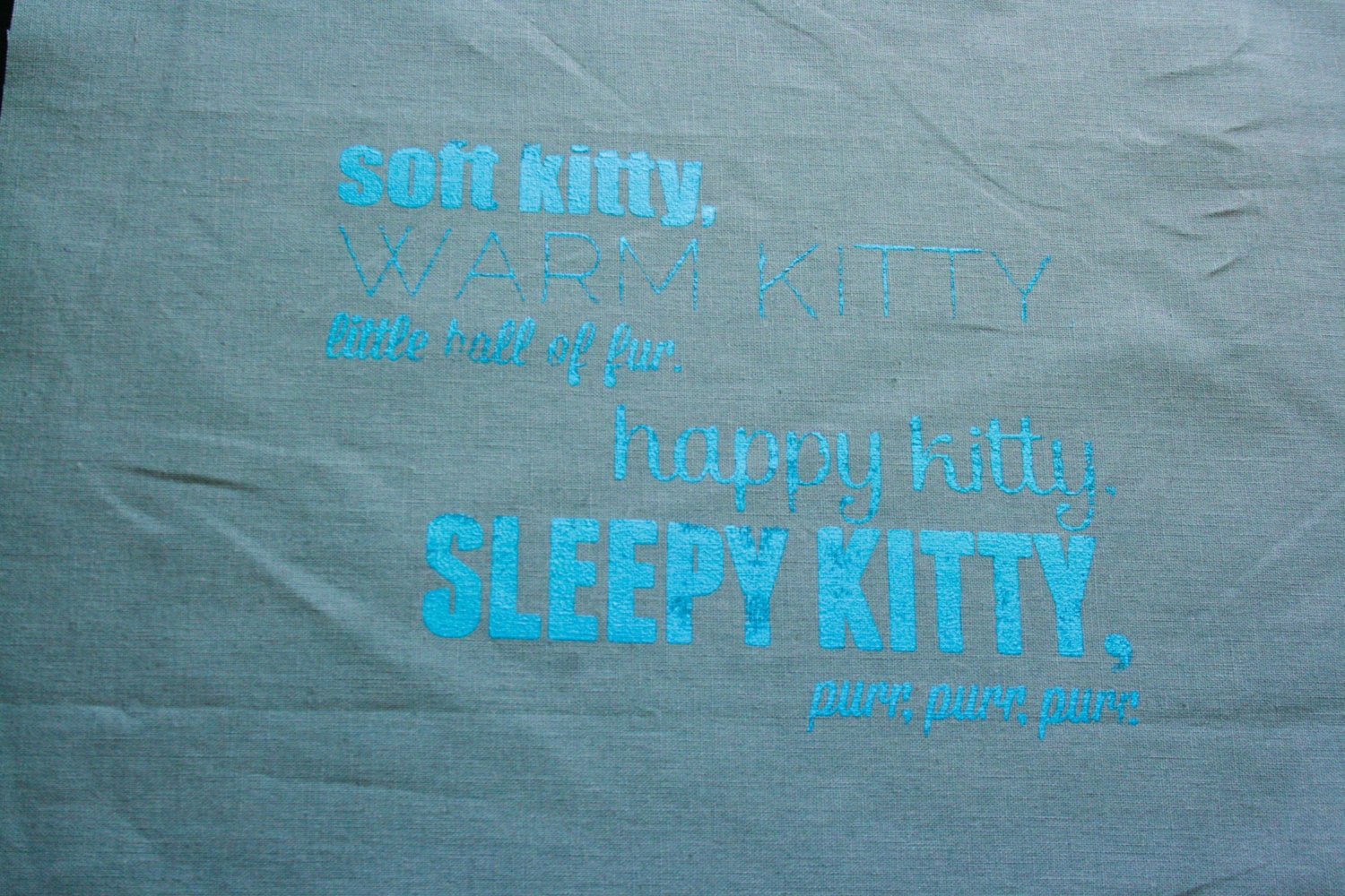 Soft Kitty Linen Screen Print - aqua on grey