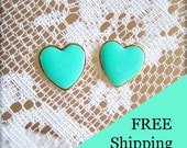 FREE SHIPPING - Aqua Blue Earrings Mint Green Heart Earrings Gold Plated Post Studs Wedding Bridesmaids Bridal Jewelry