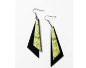 vinyl record earrings, long triangle earrings, upcycled jewelry, black and green earrings,lace print,handmade jewelry, gift for her under 25