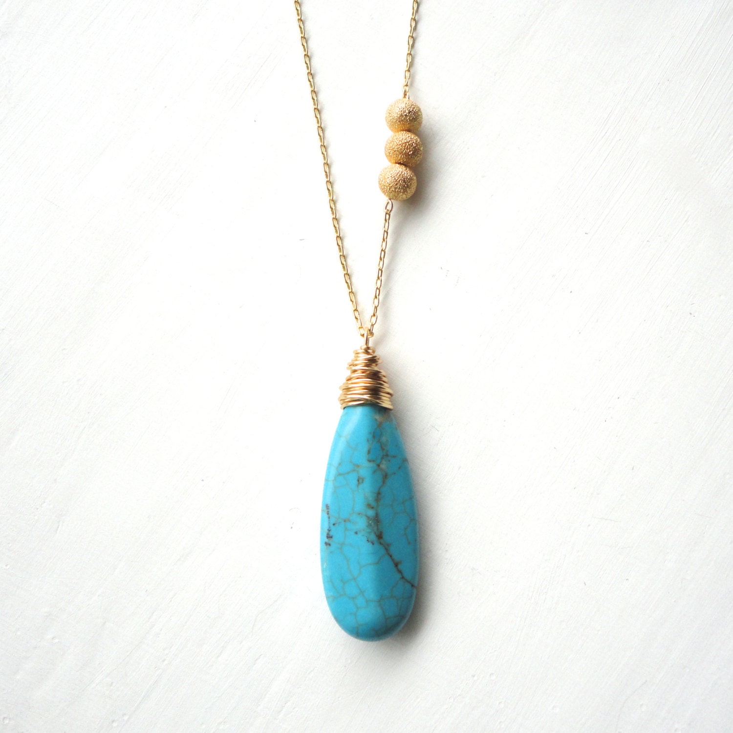 Gold Turquoise Necklace - Asymmetrical Gold Chain with Blue Turquoise Teardrop Stone and Round Stardust Beads