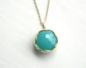 Teal Pendant Necklace - Long Gold Chain with Gorgeous Turquoise/Mint Faceted Glass Stone