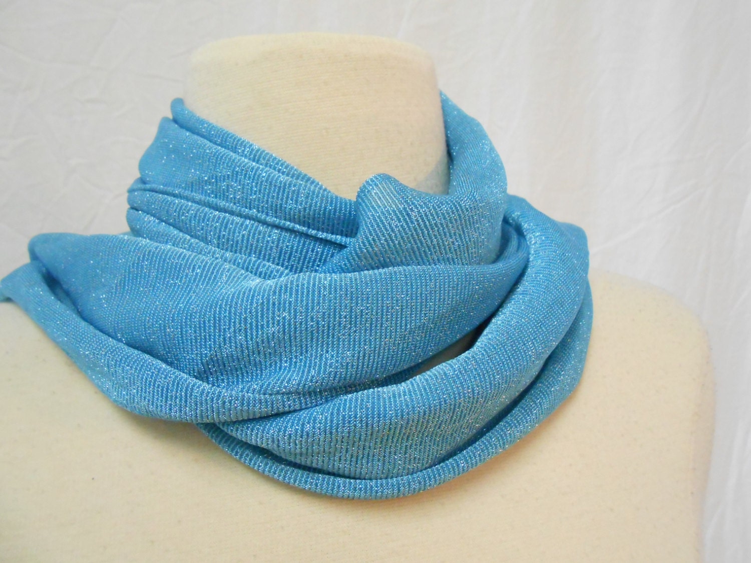 Sparkling Blue & Metallic Silver Long Scarf / Head Wrap / 66 x 10"
