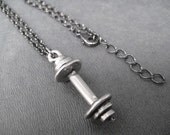 BARBELL Workout Necklace - Pewter Barbell Charm - Workout Necklace on 18 inch gunmetal chain - Workout Jewelry - Unisex Workout Necklace