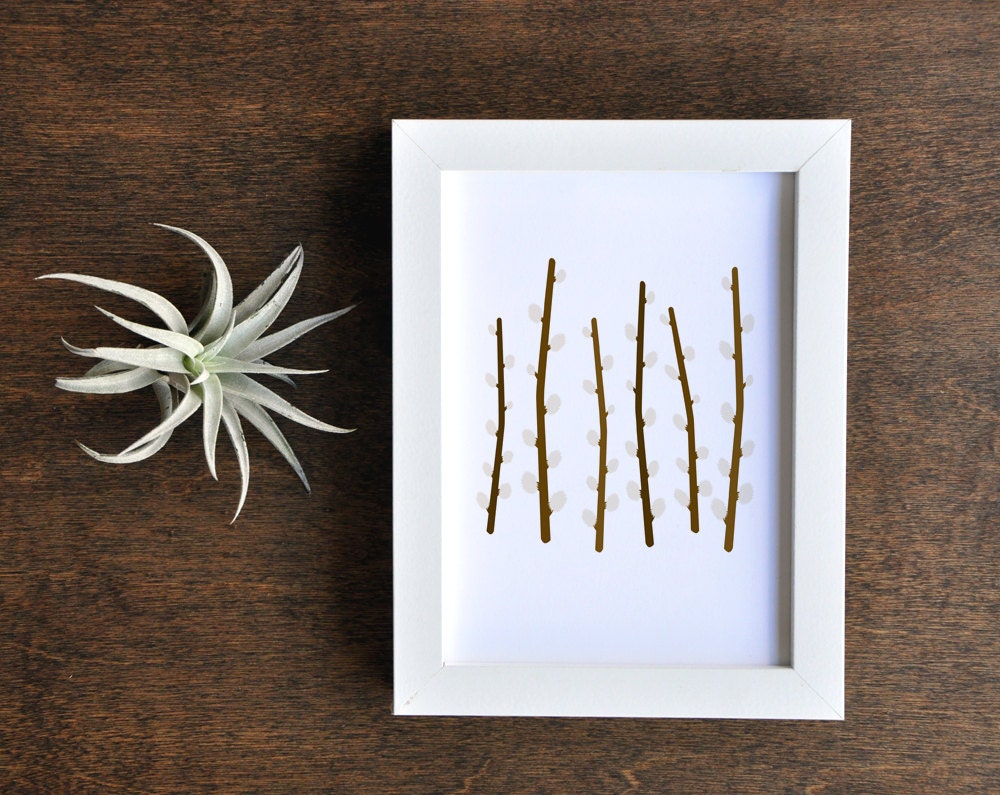 Simple Botanical Wall Decor - Brown Fuzzy Willow Art Print - 5x7