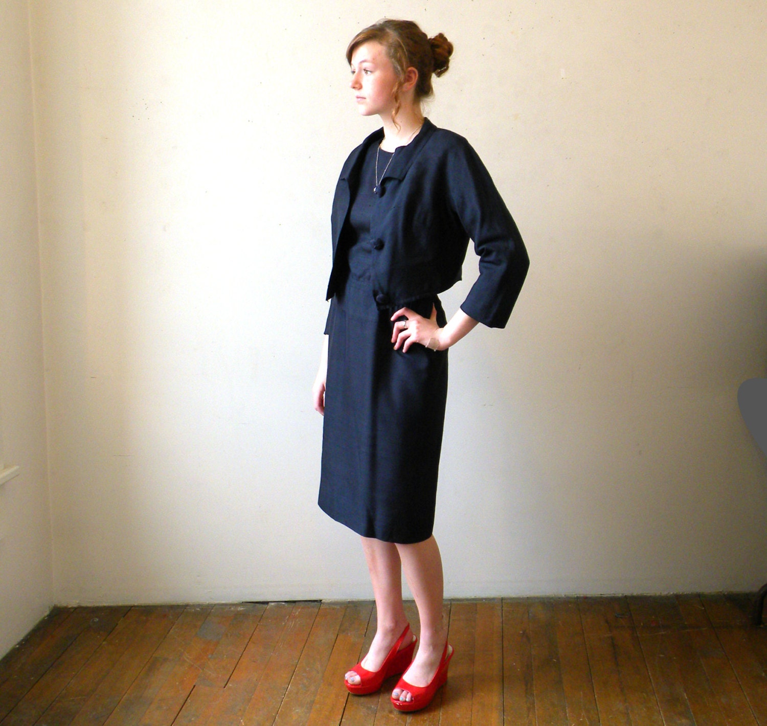 60s Silk Career Suit / Peter Pan Collar / Two Piece Secretary Dress / Crop Jacket M - L