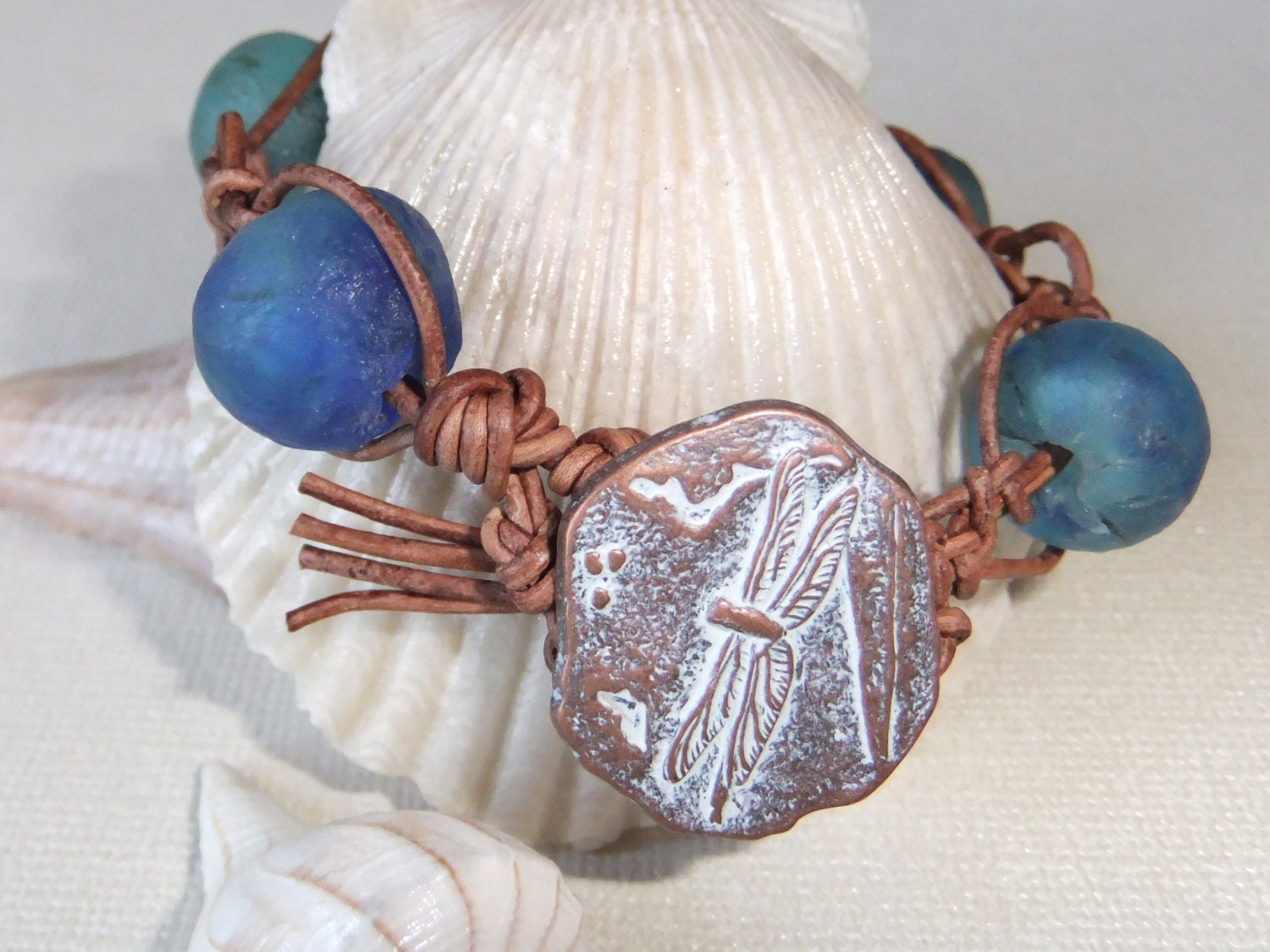 Woven Leather Bracelet "Off the Wall" Blue Green Recycled Glass Dragonfly Boho Macrame Surfer Style "Betty Bracelet"