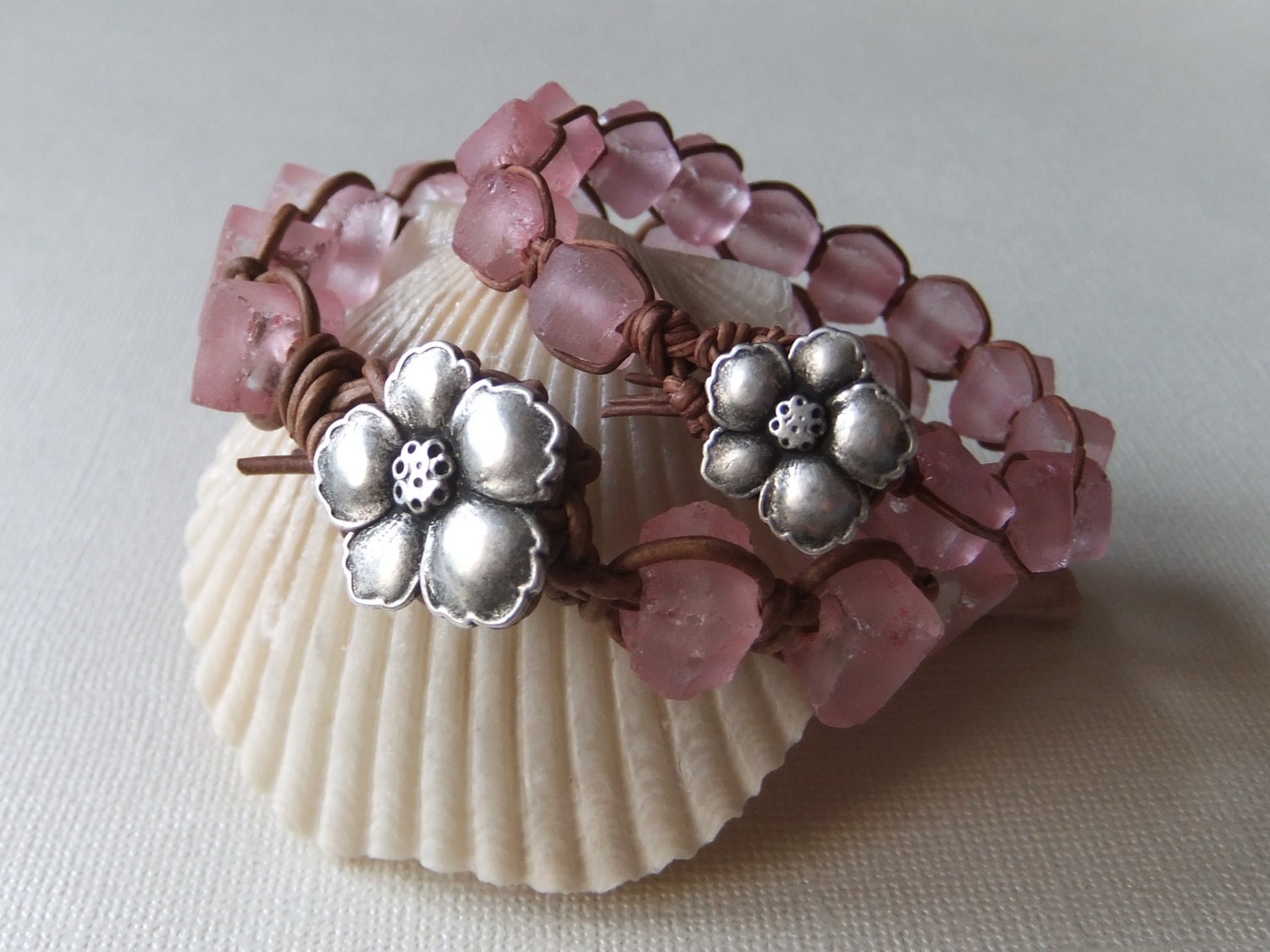 Mother & Daughter Bracelet Set "Aloha Hearts" Pink Hibiscus Recycled Glass Boho Leather Macrame Surfer Style "Betty Bracelet"