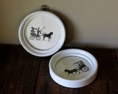 Round White Frames Vintage Black Art Silhouettes Pair Set Horse Buggy Upcycled Distressed Photo Picture