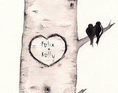 Birch Tree Love No. 2 / Love Birds / Romance / watercolor print / grey / black and white / Archival / Wedding / Personalized