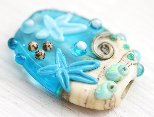 Beach lampwork bead, Aqua blue handmade glass focal - SRA, by MayaHoney