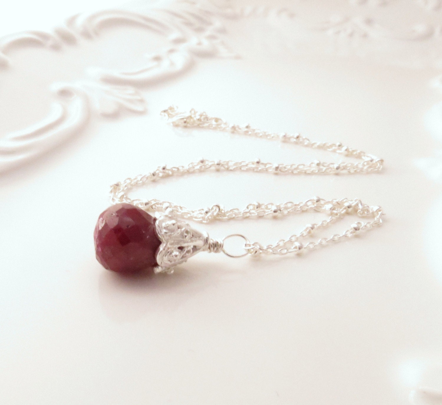 Ornate Silver Ruby Briolette Necklace