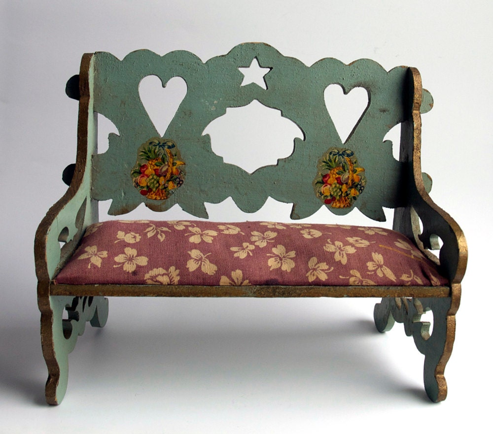 Antique Doll Bench, 1930s, wood w/ fabric cushion, a beautiful piece