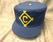 Navy blue cotton boxcap with gold felt custom logo, 1910 visor, leather sweatband, any size available