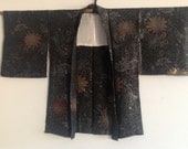1960s Vintage Black Japanese Silk High Class Haori Kimono with Woven Urushi in Silver Gold and Rust