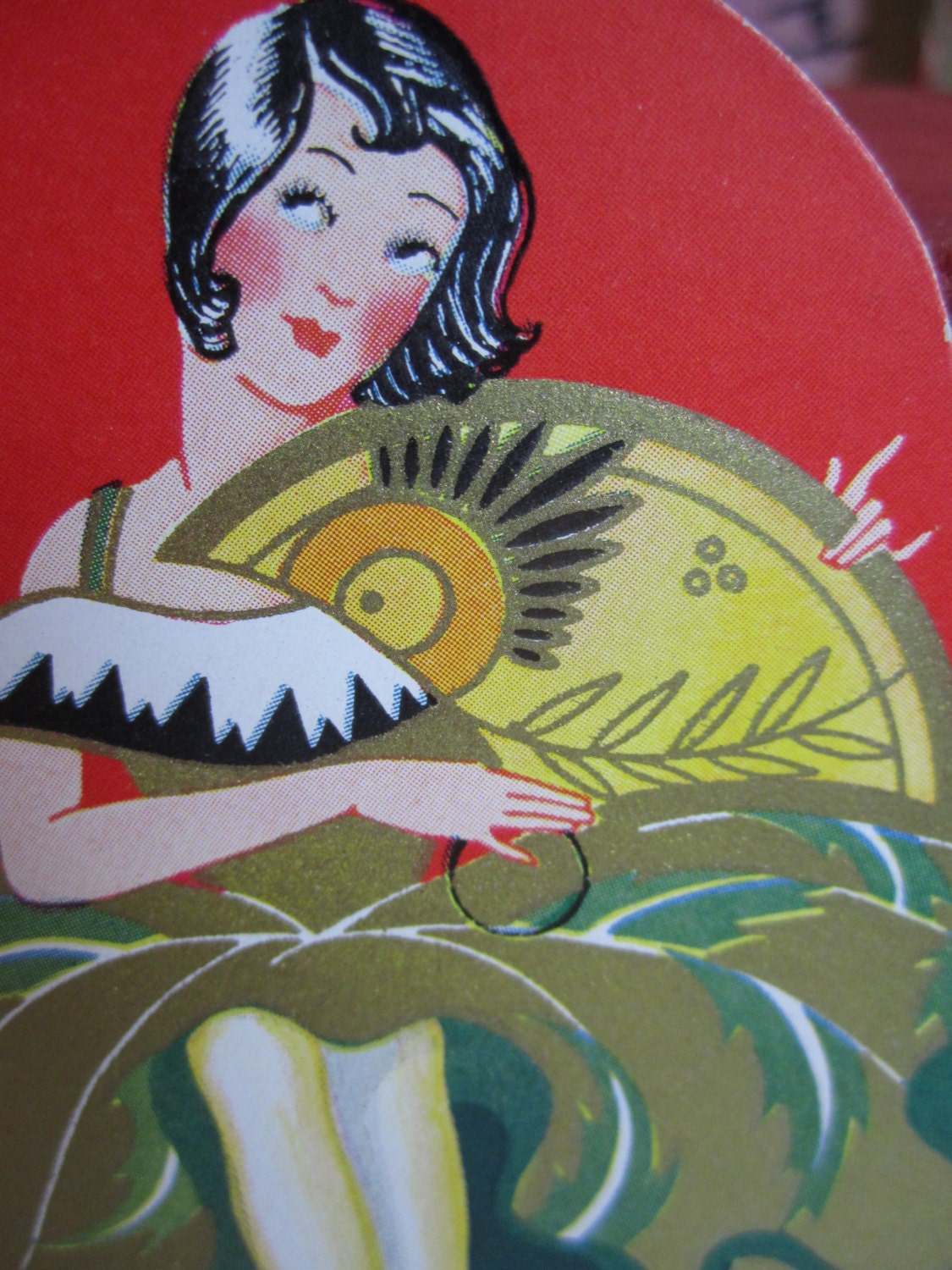 Gorgeous art deco 1930's  die cut and gold gilded fan shaped bridge tally card bobbed haired beauty with deco fan and dress