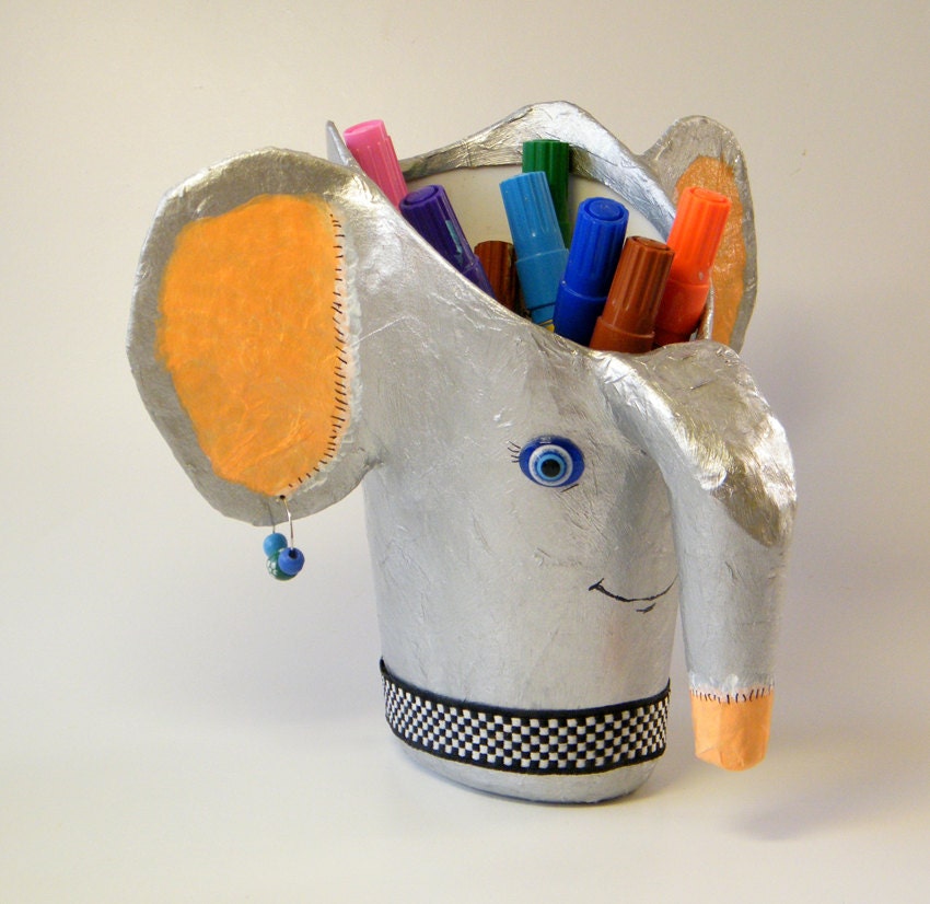 Pencil holder desk accessories, elephant decor, Storage bin, Upcycled desk organizer, Christmas in july sale