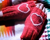 Red Fingerless Mittens with Heart Design