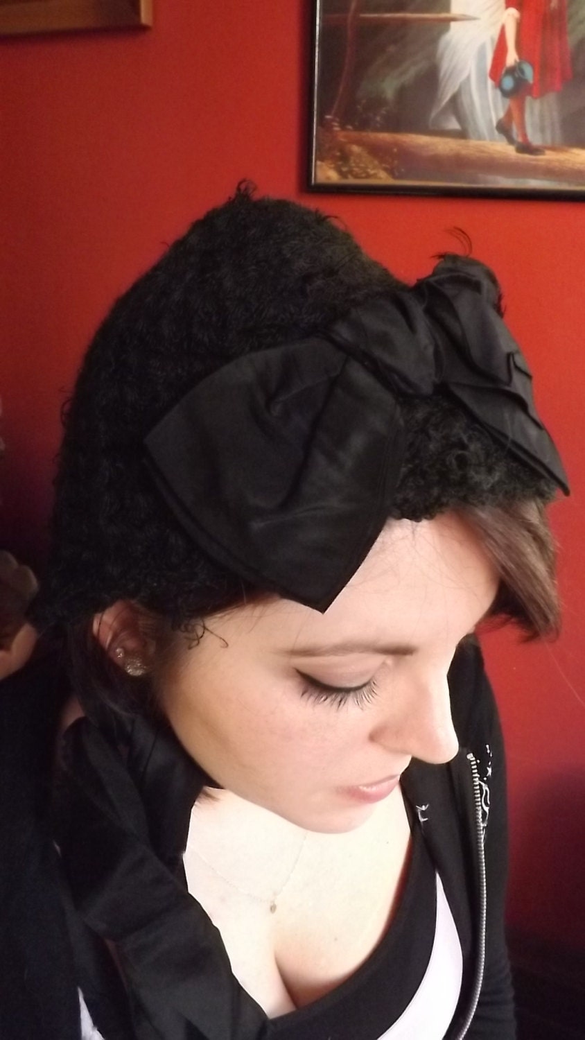 Rare Victorian Child or Young Girl Mourning Bonnet  Hat - Black Wool and Satin Ribbon - Edwardian - Victorian - Steampunk