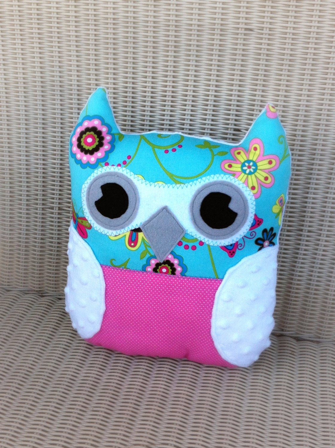Pink and blue whimsical owl pillow plushie with soft minky wings and back