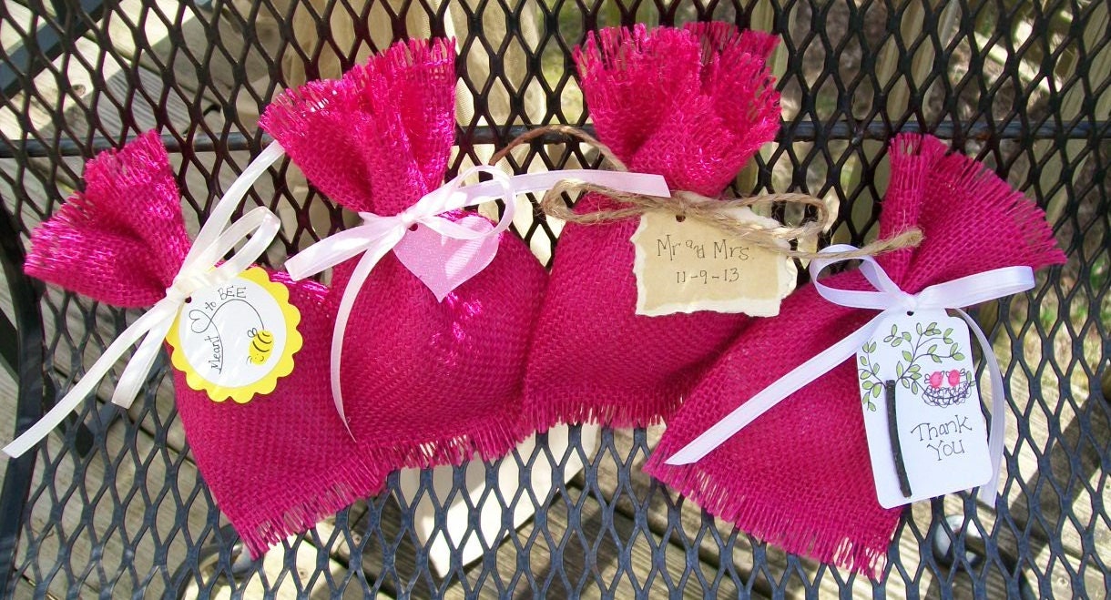 100 Fushia Pink Burlap Wedding Favor Bags Satin & Jute Ties Wedding Party Favor Gift Bags Country Rustic