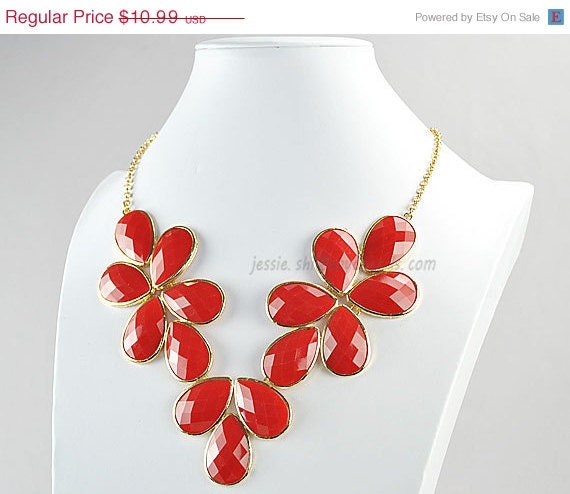 Drop Shape Necklace, Bubble Necklace,  Statement Necklace, Bib Necklace, Flower Necklace (FN0621-Red)