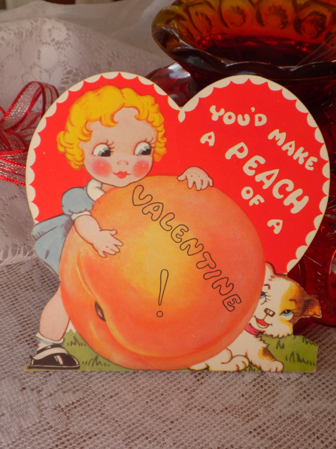vintage valentine card, c. 1930, girl with peach