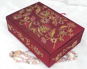 vintage jewelry box, embroidered, 2 layers, with inside mirror, burgundy color