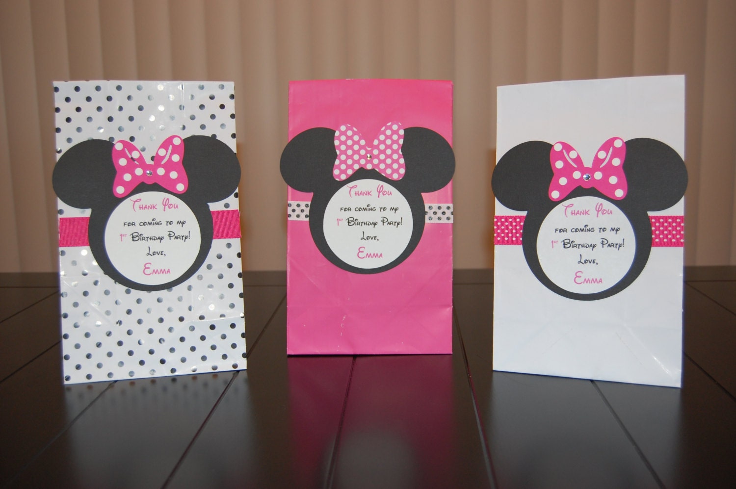 Personalized Minnie Mouse Favor Bags for Birthday Party or Baby Shower- Pink and White