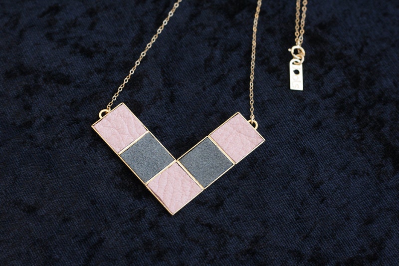 Art Deco Necklace, Geometric Gold Necklace, Leather Squares, Pink and Grey Charm- Handmade- Free Shipping- Ready to Ship