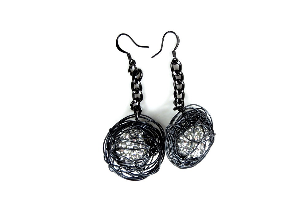 Wire Abstract Stylish  Dangle  Modern Earrings. Wire Disc with sparkly shiny silver  ball inside. Ready to ship.