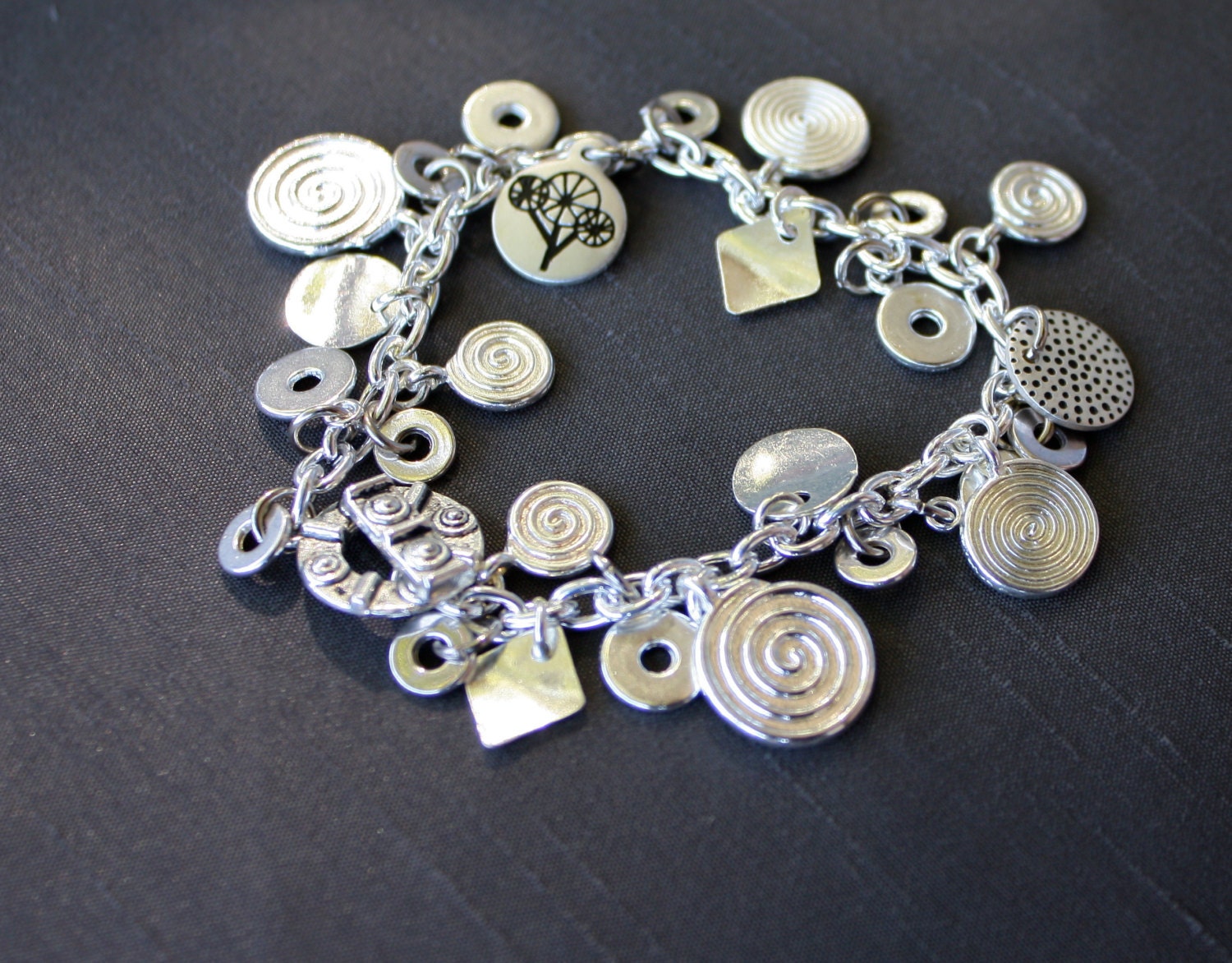 Silver Charm Bracelet - Circle, Disc, Coin, Ring Shapes