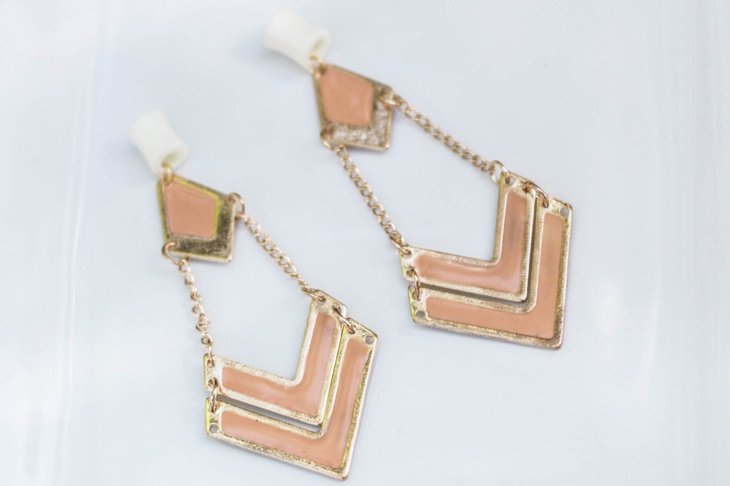 4g-5/8" Gold and Coral Pink Art Deco Dangle Plugs Tunnels