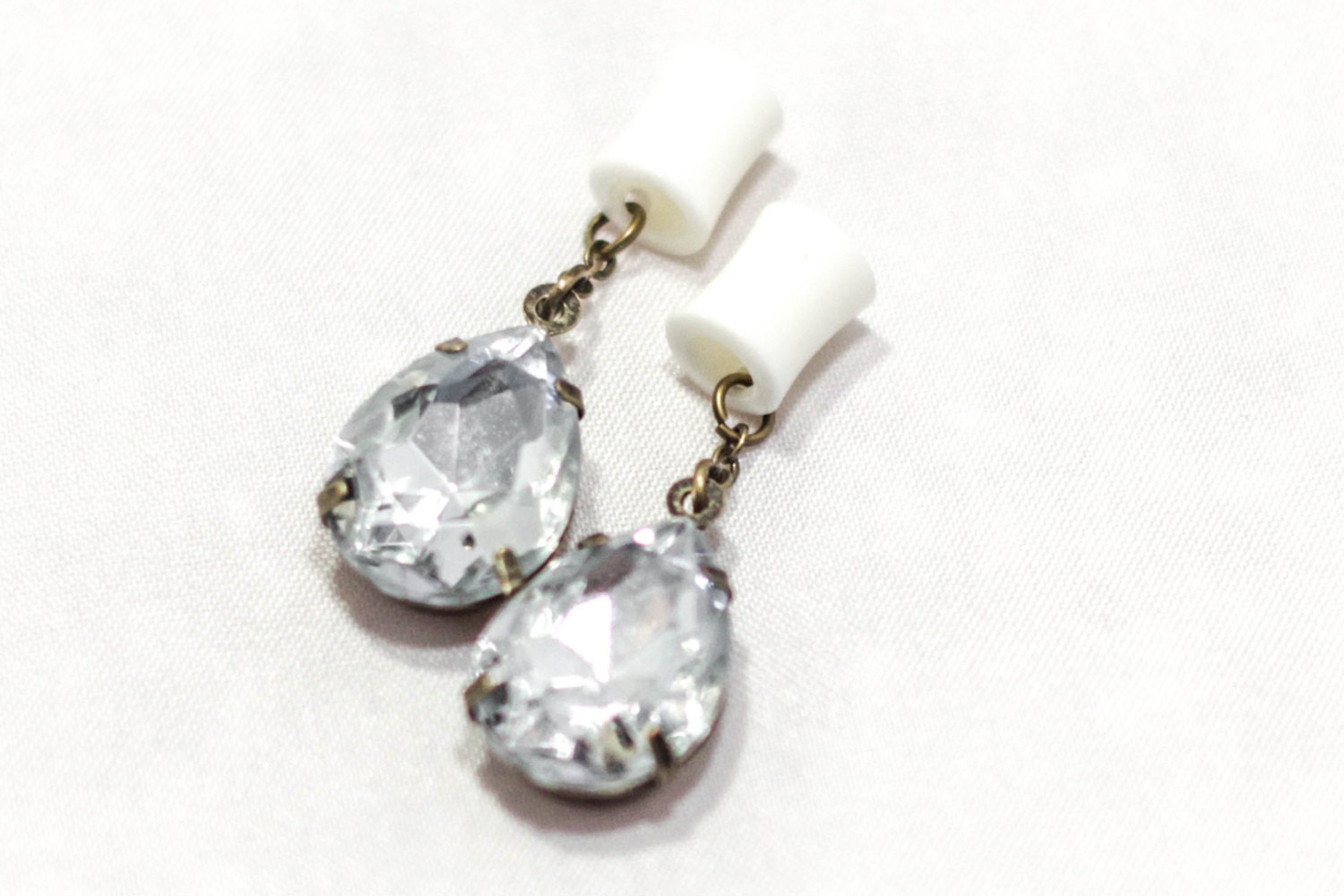 4g-5/8" Antique Finish with Clear Glass Crystal on Organic Bone Dangle Tunnel Plugs