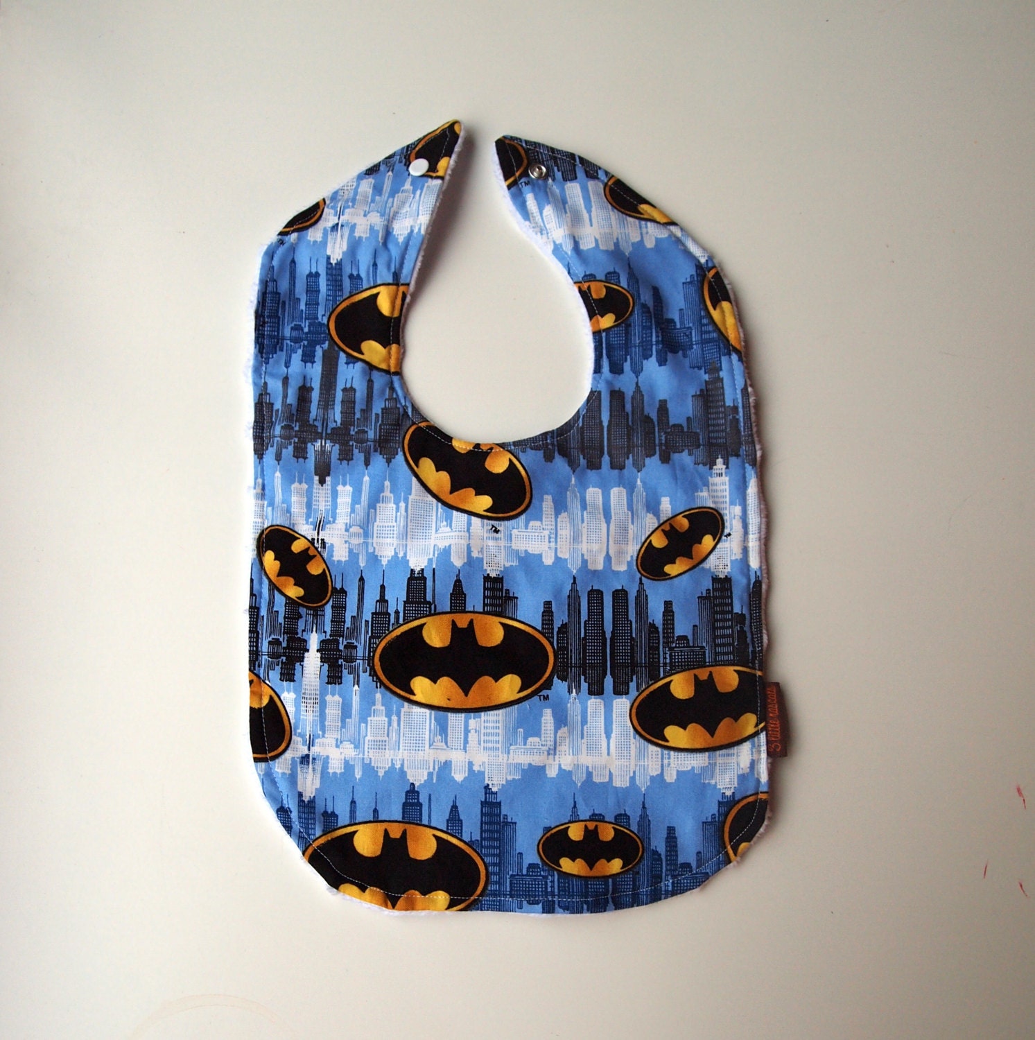 Batman Baby bib minky blue yellow gold city scene