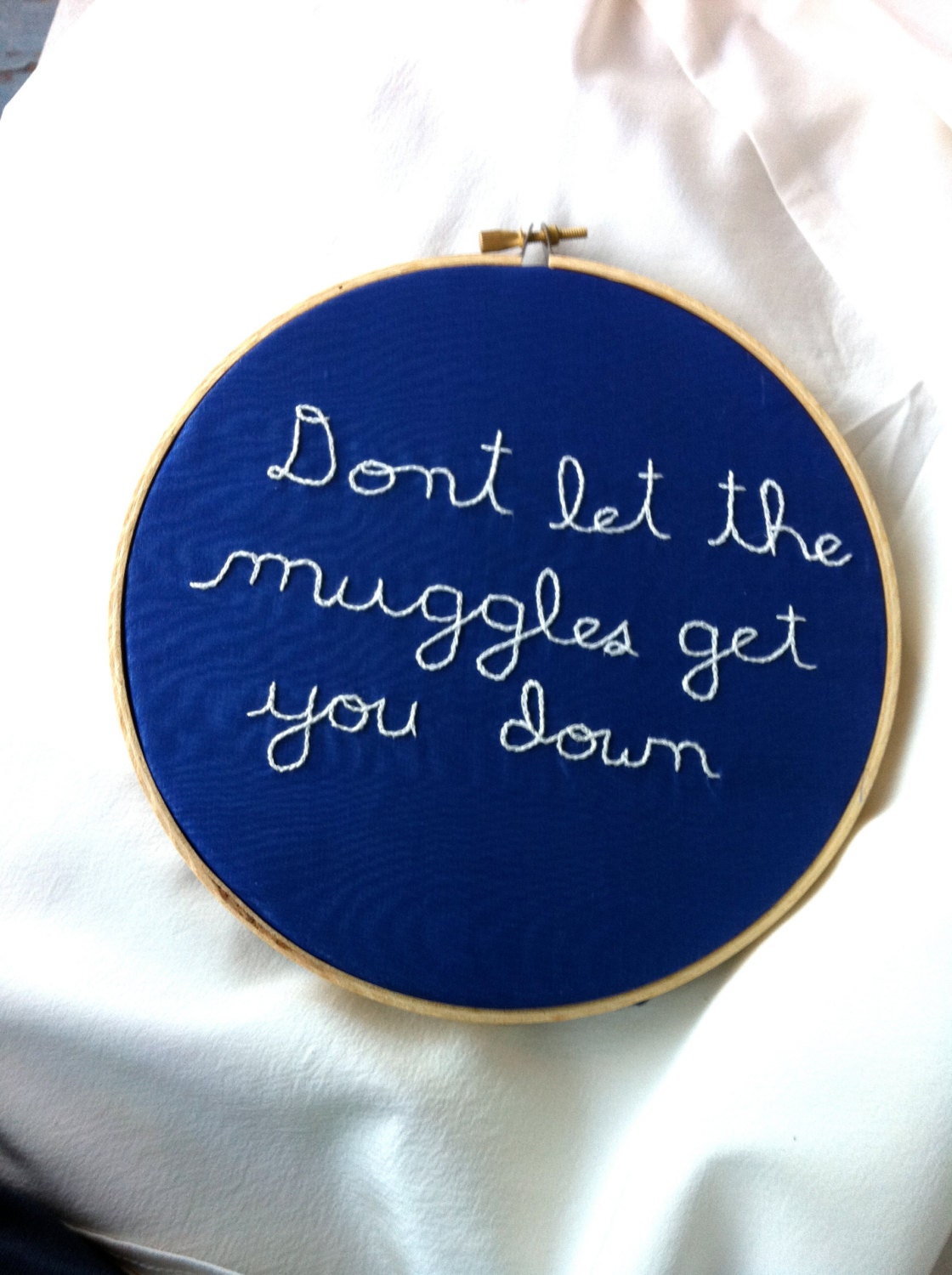 Blue and White Harry Potter, Don't Let The Muggles Get You Down Embroidered Wall Hanging - by BeanTown Embroidery