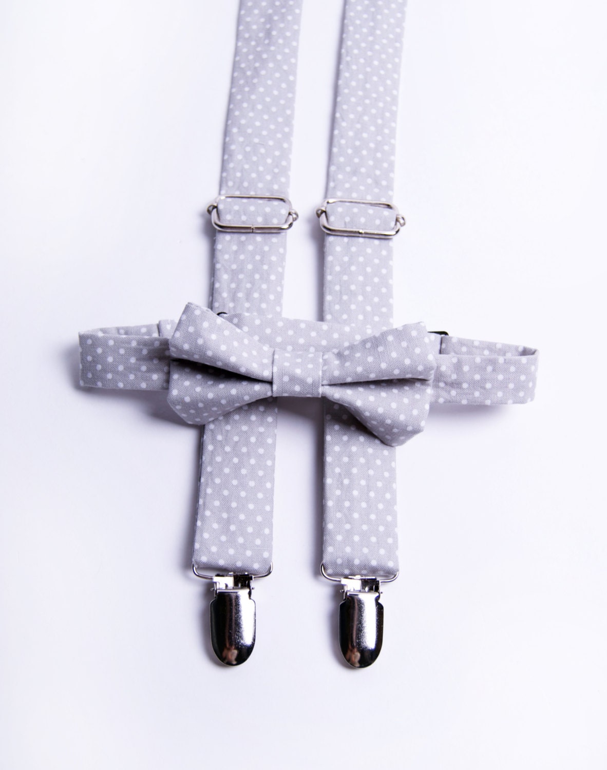 Grey Polka Dot Suspender & Bow Tie Set  - Baby Toddler Child Boys  - Wedding