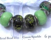 6 Piece Set Large Hole Silver Plated Beads, Dark Green, Mint Green, Medium Green
