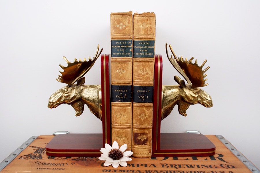vintage brass moose on wood base bookends