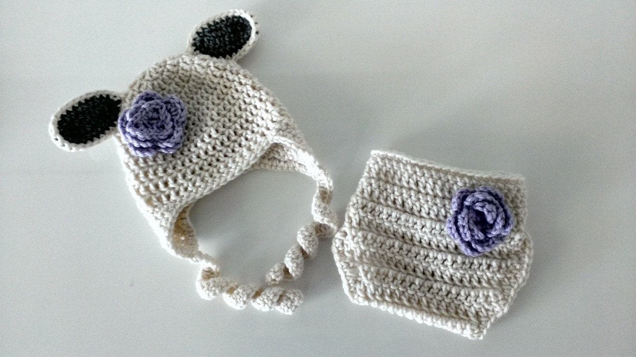 Crochet Baby Lamb Hat Diaper Cover Set Newborn Baby Girl Lavender Flower Photo Prop Made to Order