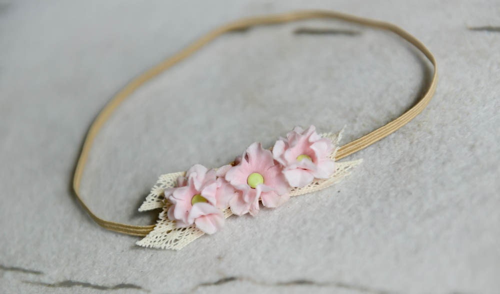 Pink Flower Buds Headband, Flower and Lace Headband, Baby Hair Accessory, Baby Photo Prop, made by Maria Sunshine