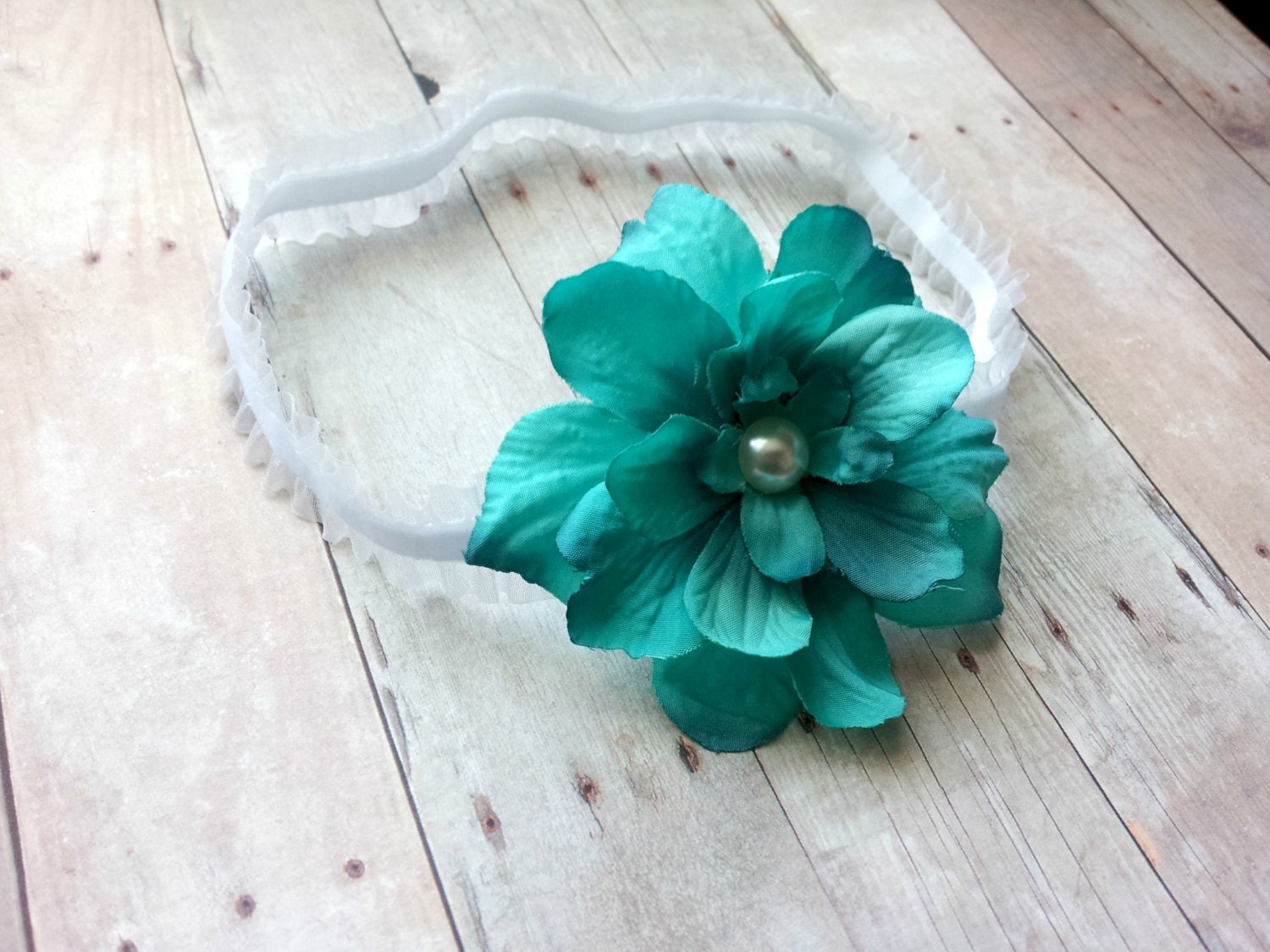 newborn photography prop - Newborn baby girl white lace elastic headband with turquoise flower -photo prop-baby shower gift