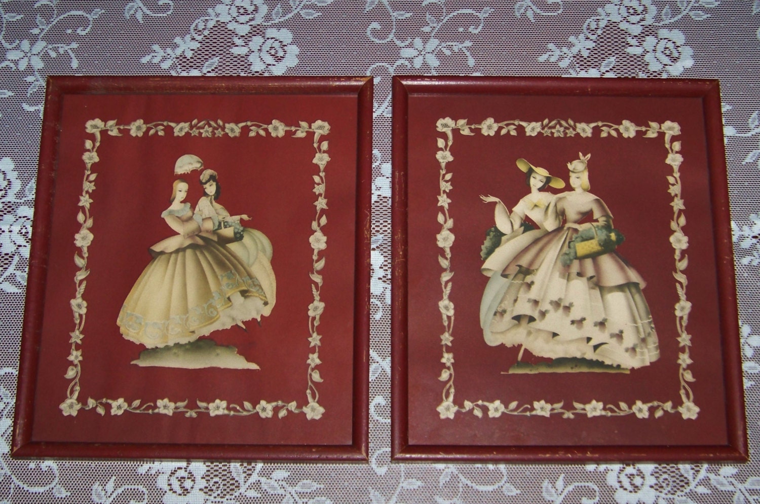Set of 2 vintage 50's Turner style prints in chippy painted wood frames with glass - pictures - mid century