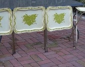 Set of Four Vintage Metal TV Trays with Stand, Three Green Roses and Scroll Ribbon, Toleware