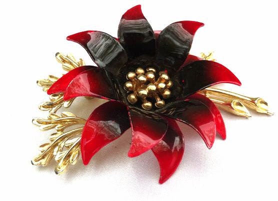 Signed Coro Vintage Flower Brooch in Black, Red, and Gold Tones.