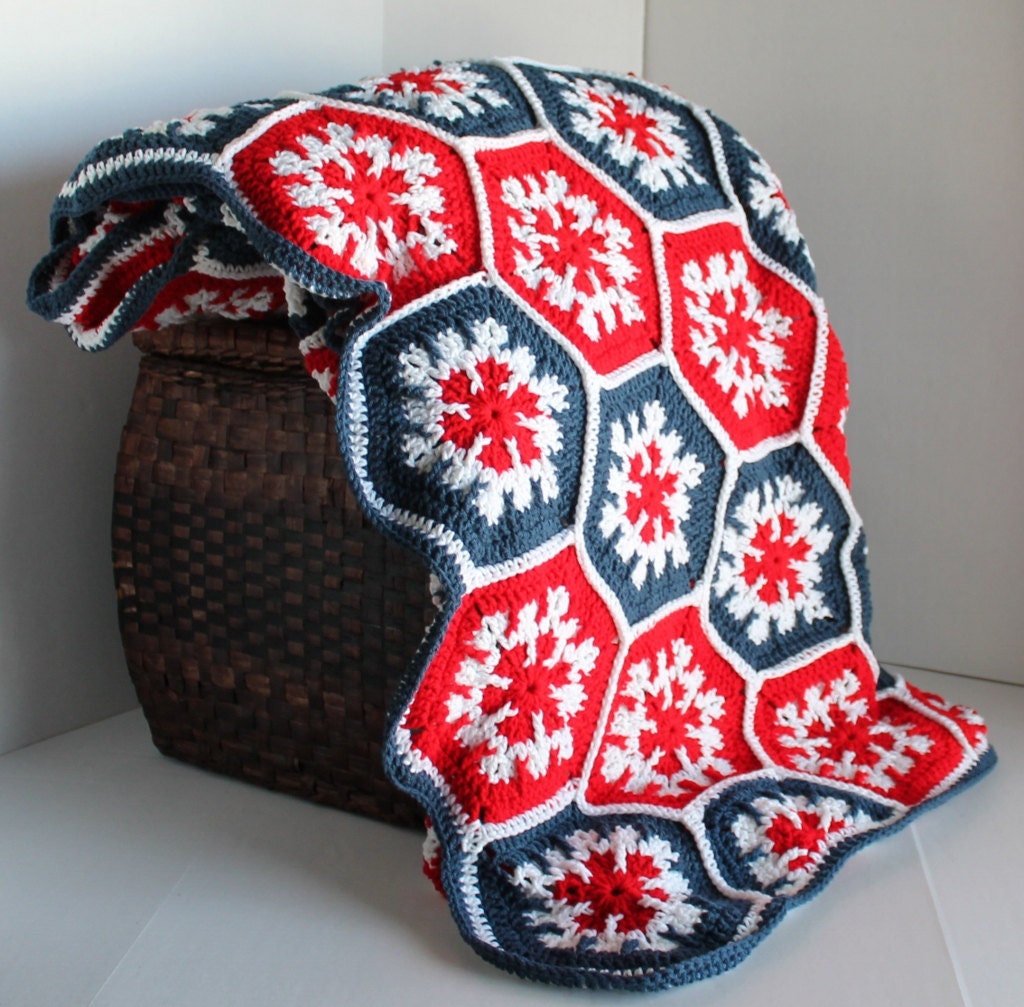 Afghan- Handmade Queen Hexagon Crochet Blanket - Bright Americana
