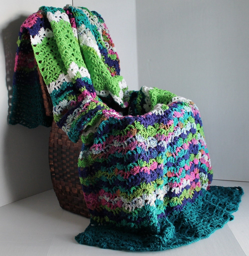 Afghan - Lacy Ripple Crochet Blanket - Spring Green, Teal, and Colorful Multi